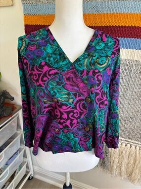 Vintage Abstract Swirl Floral Button-Front Women's Shirt - Purple & Teal